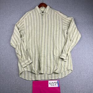 Zegna Sport Shirt XL Green Striped Linen Blend Casual Button Up Long Sleeve Mens